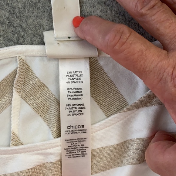 Chico’s tunic top metallic gold ivory stripe sz 2 - Picture 6 of 7